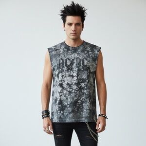 Vintage 90s Liquid Blue USA ACDC Back in Black Tie Dye Sleeveless Band Tee M